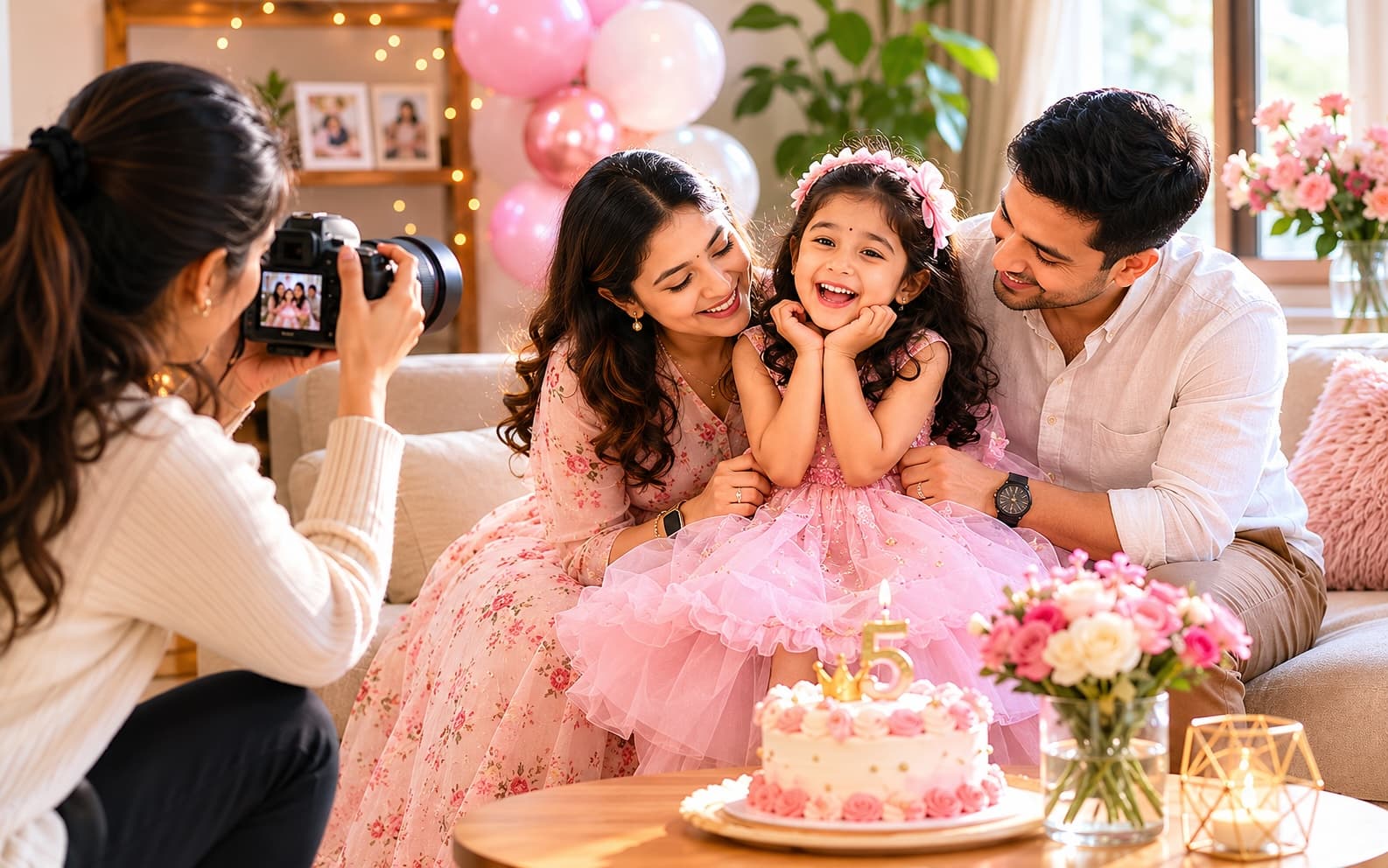 Friendly photographer capturing a Nepali family photoshoot at home for a custom album