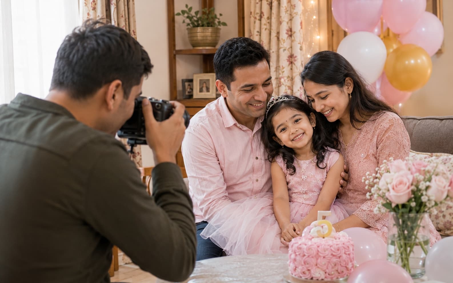 Professional photographer documenting a warm family milestone moment for an album
