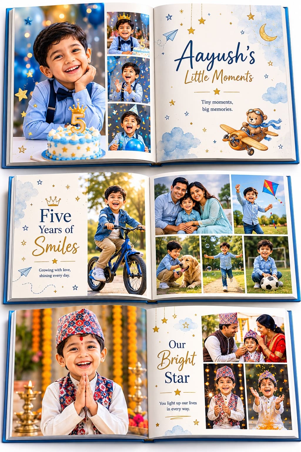 Playful custom photo album design for a five-year-old Nepali boy named Aayush