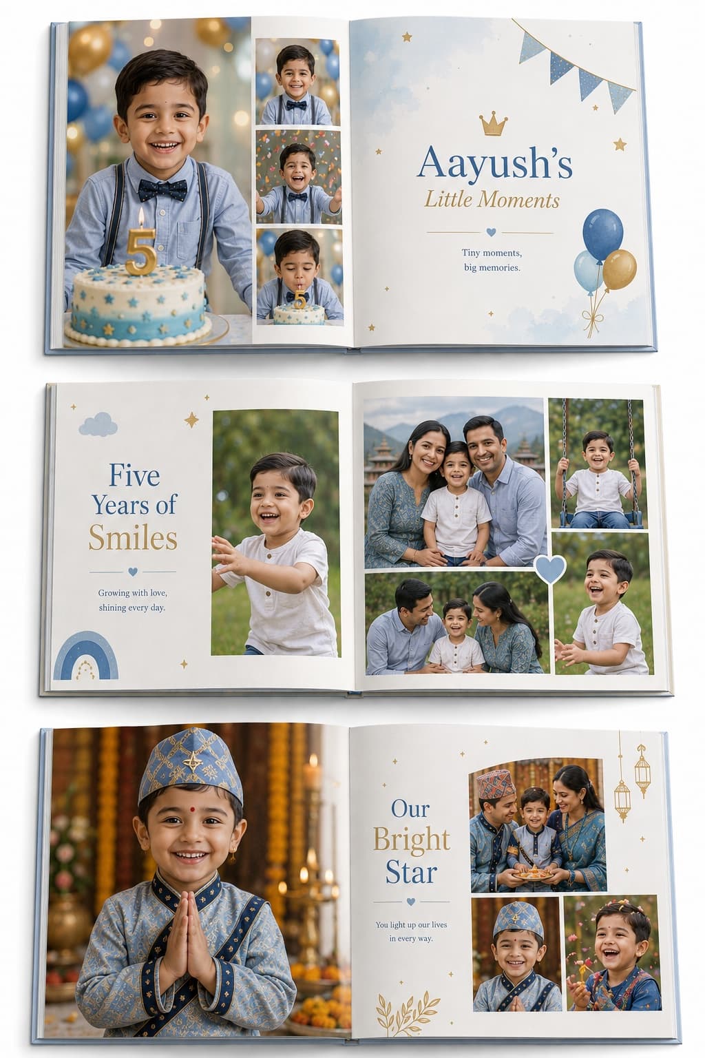 Playful birthday photo album design for a five-year-old Nepali boy named Aayush