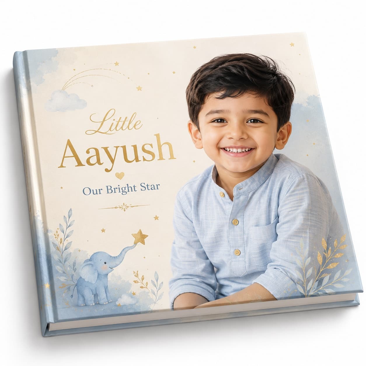 Premium elegant custom photo album cover for a five-year-old Nepali boy named Aayush