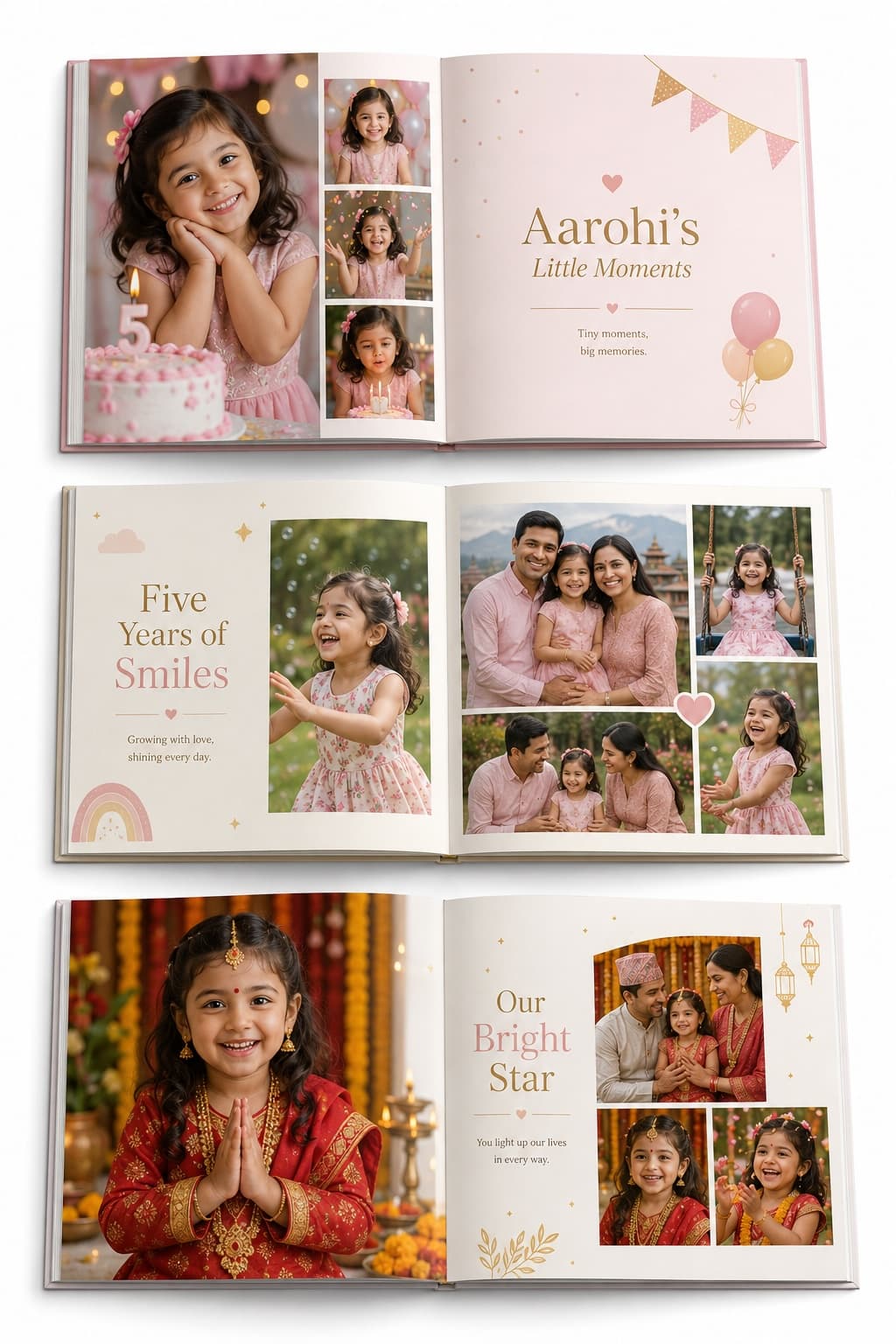 Custom photo album page spreads for a five-year-old Nepali girl named Aarohi