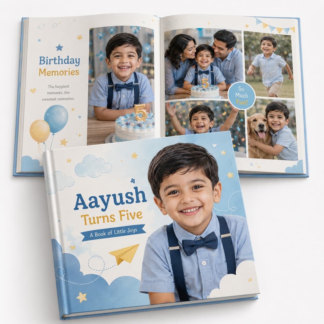 Custom photo album page spreads for a five-year-old Nepali boy named Aayush