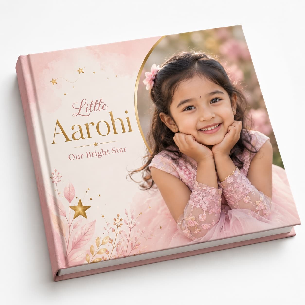 Totopasa Moments custom hardcover photo album cover for a five-year-old Nepali girl named Aarohi