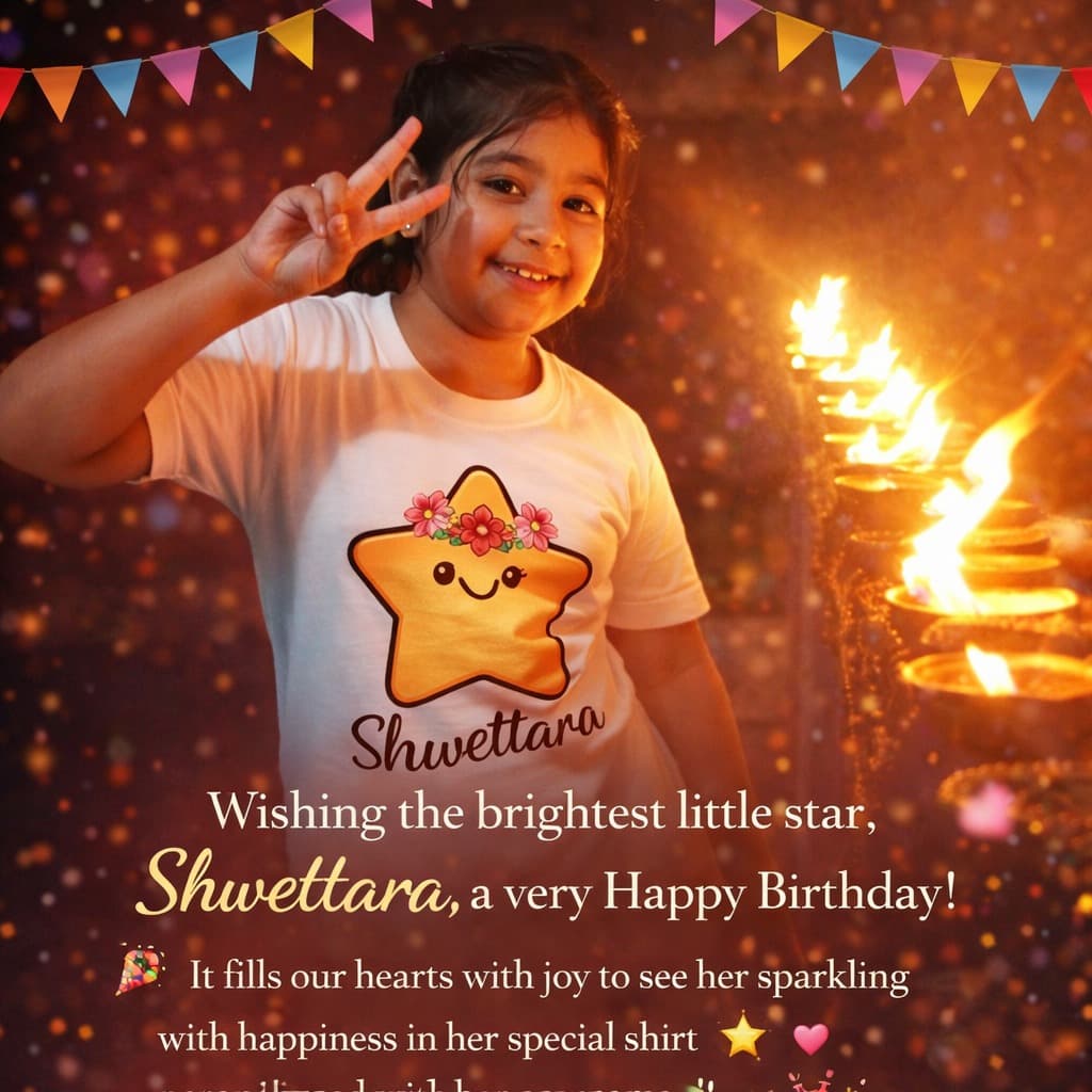 Swetatara wearing her personalized birthday name T-shirt from TOTOPASA